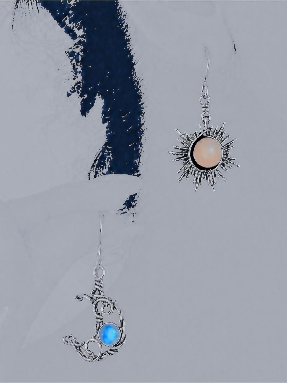 Bohemian Astrology Sun Moon Silver Wire Wrapped Celestial Stone Mismatch Dangles - Picture 2 of 8